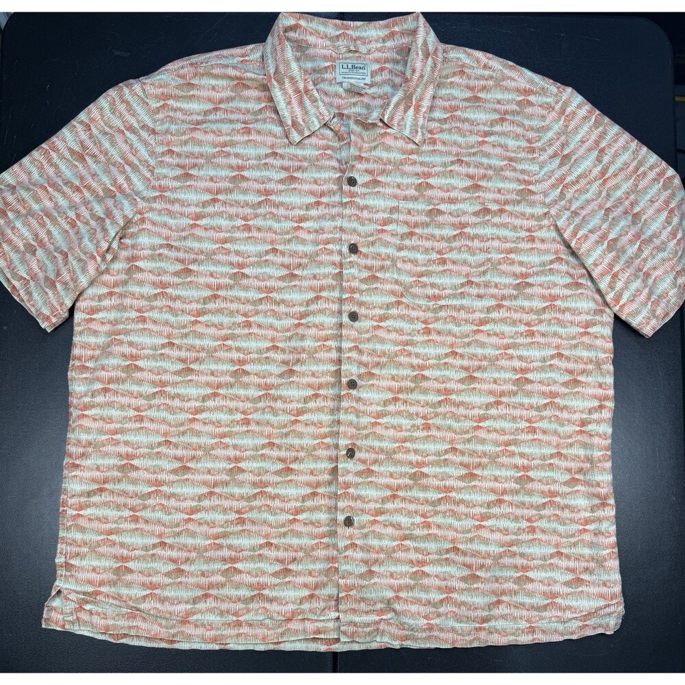 LL Bean Shirt Mens XL Orange Hawaiian Print Button Up Loop Collar Camp Casual